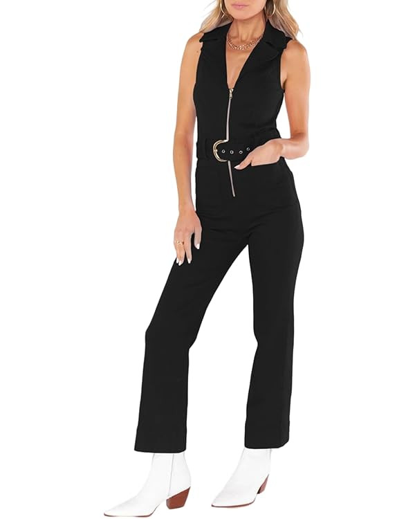 PLNOTME Women's Sleeveless Denim Jumpsuits Zip Up Belted Straight Leg Jeans Long Rompers | Amazon (US)