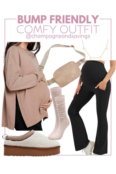 Comfy casual maternity outfit idea! This bump friendly outfit features an oversized maternity top that totally works pre and post needing pregnancy outfits! Paired with black maternity flared leggings, Ugg tazz Sherpa slippers for less, and some cute accessories. 

#LTKstyletip #LTKfindsunder50 #LTKbump