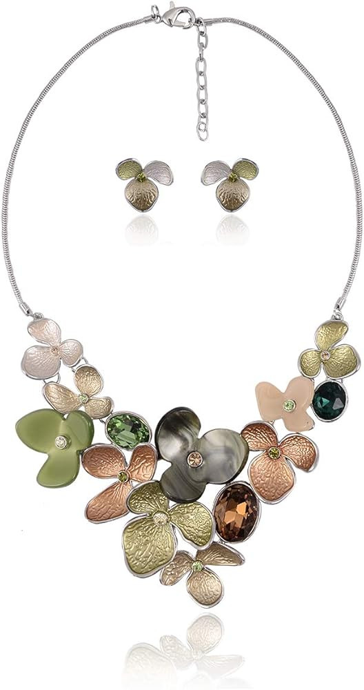 AMYJANE Vintage Statement Jewelry Set - Spring Leaf Flower Floral Plant Necklace Earring Set Crys... | Amazon (US)