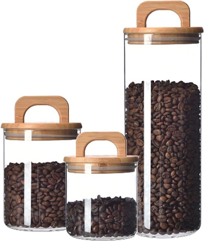 Glass Jars With Bamboo Lids, 3 Pcs (24oz, 27oz, 59oz)-Easy Grip Handles Airtight Coffee Glass Sto... | Amazon (US)