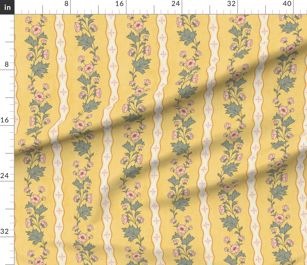 Fabric in Clarabelle Vine Vertical Stripe Floral pastel yellow | Spoonflower