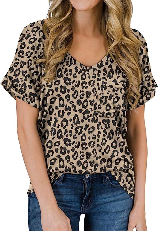 PrinStory Women's Casual Tops Short Sleeve V-Neck Shirts Loose Blouse Basic Tee T-Shirt | Amazon (US)