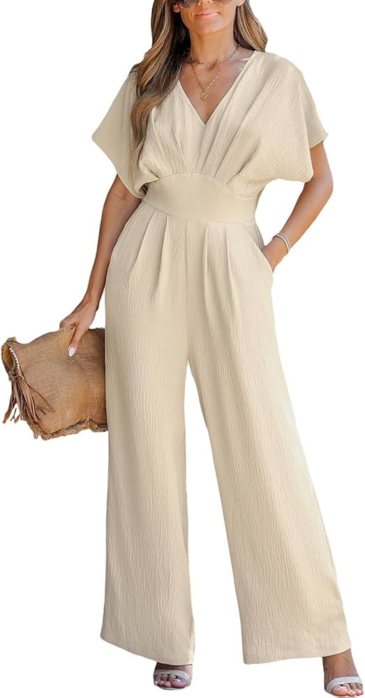 CUPSHE One Piece Jumpsuits for Women Casual Summer V Neck Batwing Sleeve Wide Leg Elegant Overall... | Amazon (US)