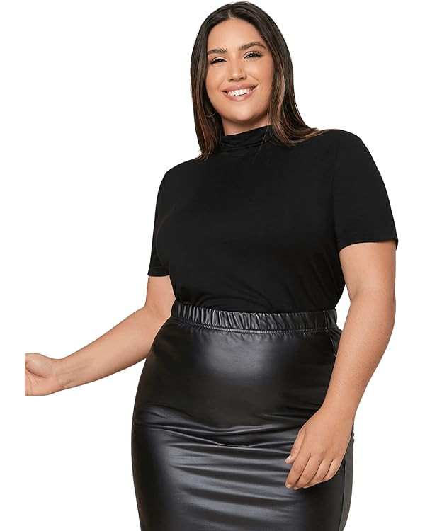 SweatyRocks Women's Plus Size Short Sleeve Mock Neck Top Solid Basic Tee Shirt | Amazon (US)
