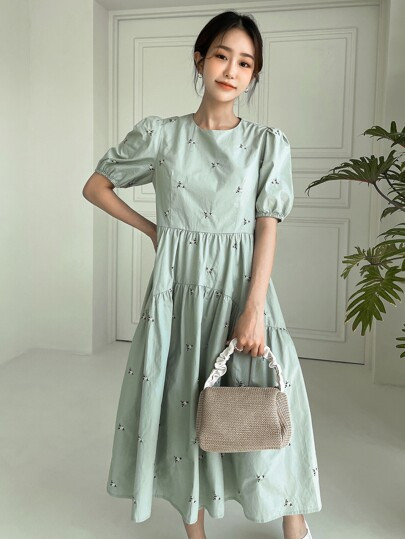 DAZY Floral Embroidery Puff Sleeve Smock Dress | SHEIN