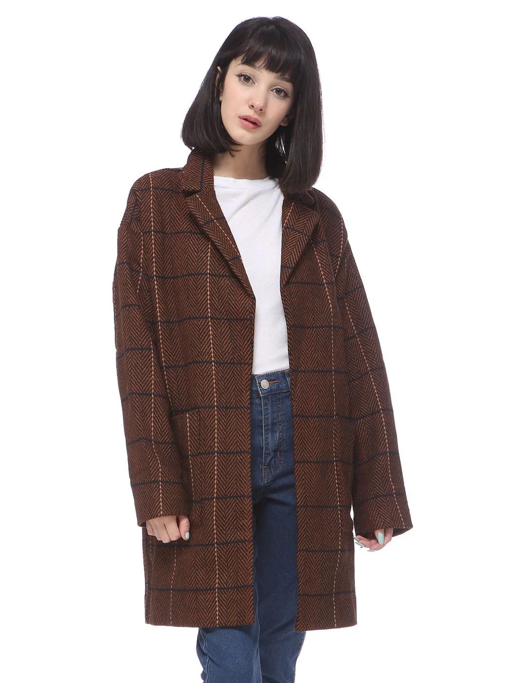 Fashion Brown Thick Wool Plaid Print Longline Peat Coat | Walmart (US)