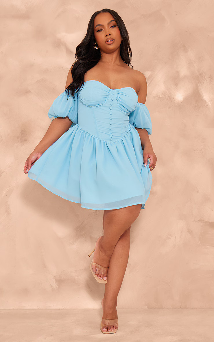 Plus Baby Blue Front Bardot Sleeve Mini Dress | PrettyLittleThing US