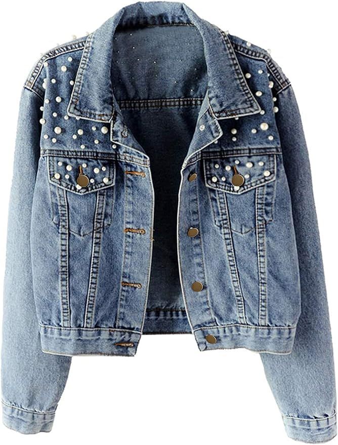 Tanming Women's Casual Beading Pearls Denim Vest Sleeveless Denim Jean Jacket Coat | Amazon (US)