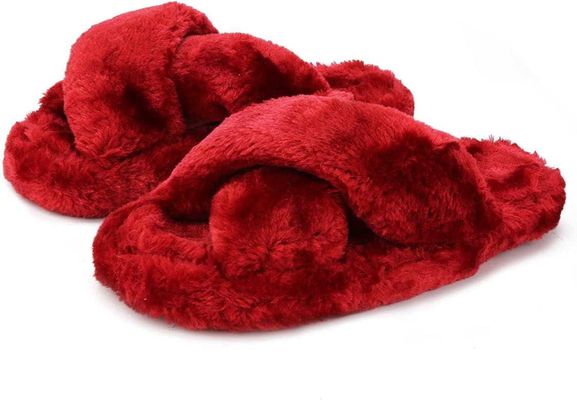 Women's Fuzzy Fluffy Furry Fur Slippers Cozy Memory Foam House Sandals Slides Soft Comfy Flat Open T | Amazon (US)