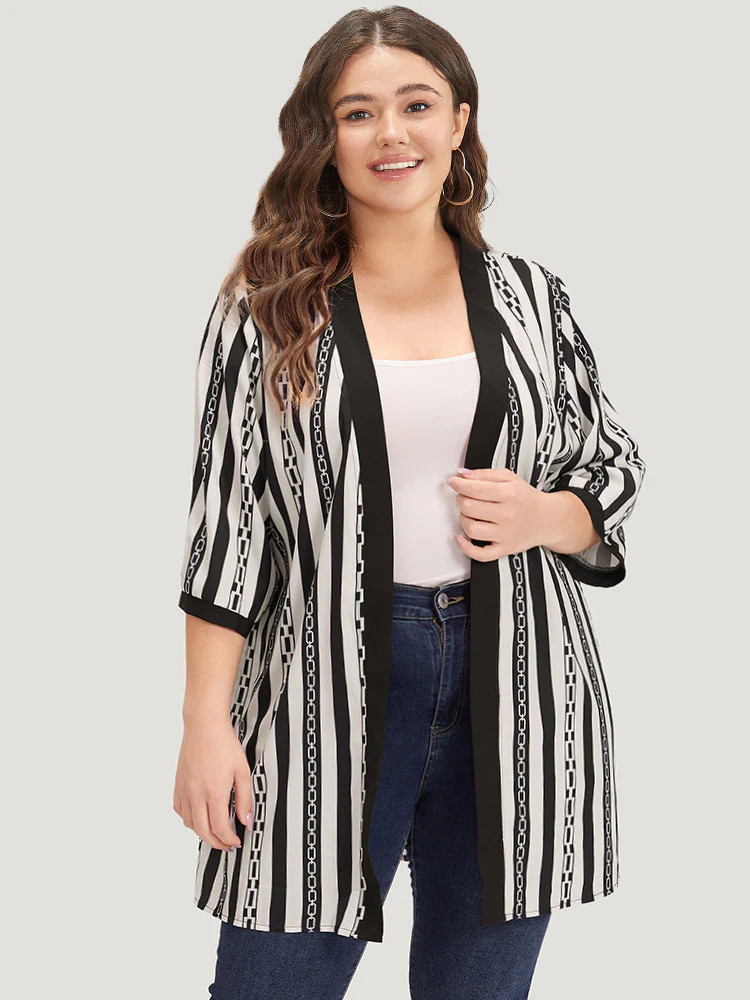 Striped Patchwork Contrast Open Front Kimono | Bloomchic