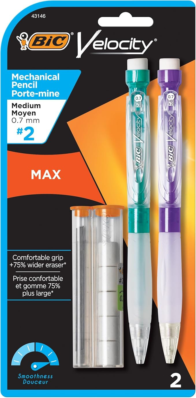 BIC Velocity Max Mechanical Pencils, With Colorful Barrel, Medium Point (0.7mm), 2-Count Pack Mec... | Amazon (US)