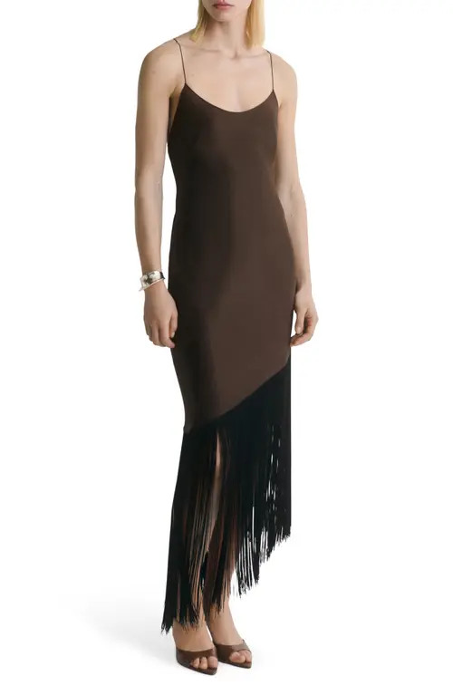 MANGO Fringe Trim Asymmetric Satin Slipdress in Brown at Nordstrom, Size 8 | Nordstrom