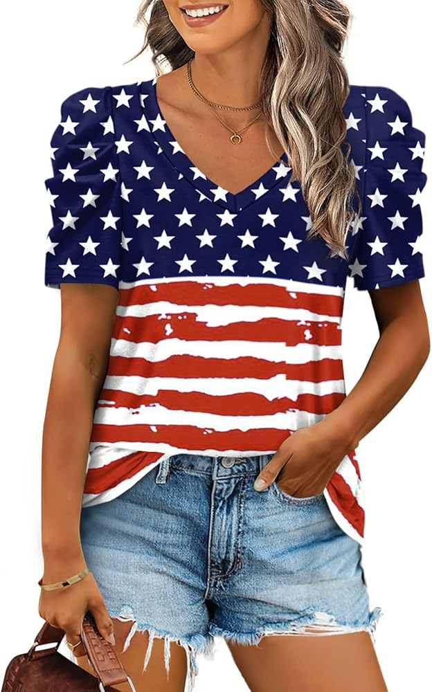 XIEERDUO Womens Summer Shirt V Neck Casual Tshirts Puff Sleeve Tops for Women Solid Color XS-3XL | Amazon (US)