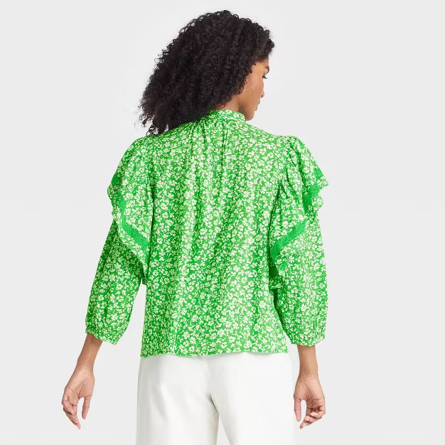 Women's Ruffle 3/4 Sleeve Lace Trim Blouse - Who What Wear™ Floral | Target