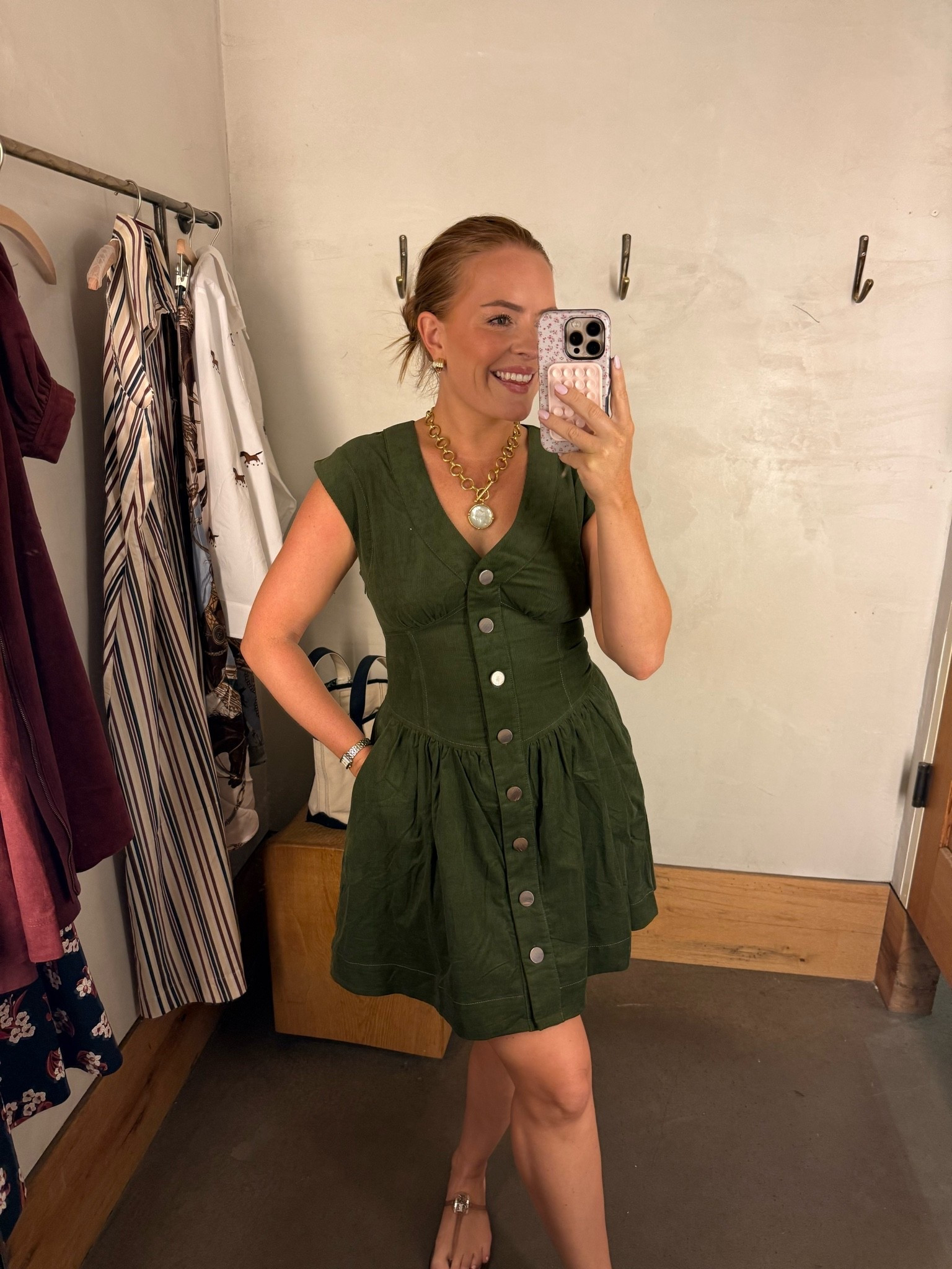 Size: medium

Green Button-Front Mini
This shade of green is exactly what I want to start wearing when I’m mentally ready for fall but the weather hasn’t gotten the memo. 🍃 The structured waist, button-front detail and easy mini length make this Anthropologie dress feel polished without requiring any styling effort. Wear with sandals now + loafers or boots once temperatures drop.
#AnthropologieStyle #FallOutfits #TransitionalFashion #MiniDress #EasyOutfits