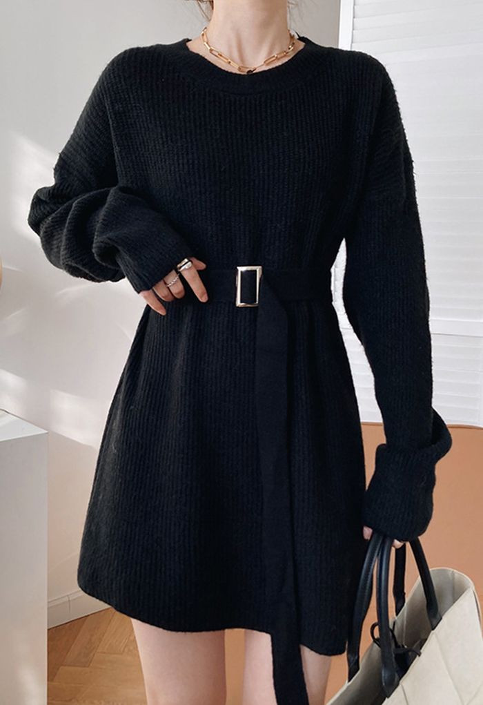 Belted Ribbed Longline Sweater in Black | Chicwish