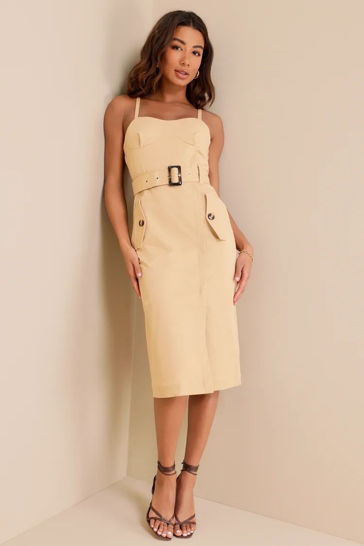 Adley Tan Belted Sleeveless Bustier Buckle Midi Dress | Lulus
