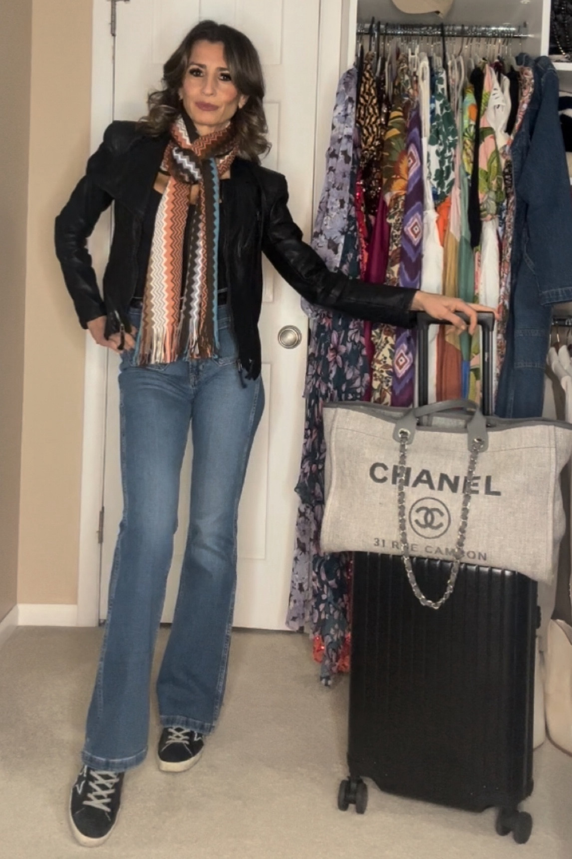 A comfortable and stylish travel look!

These 70s style jeans are super comfy. They fit true to size ans have stretch.

Top also fits true to size. The jacket is sold out, so I linked a very similar one.

Golden Goose sneakers also fit true to size. 

This Missoni scarf I got on my girlfriend’s Xmas gift exchange 🥰

The carryon is a great one. 

#LTKstyletip #LTKover40 #LTKtravel
