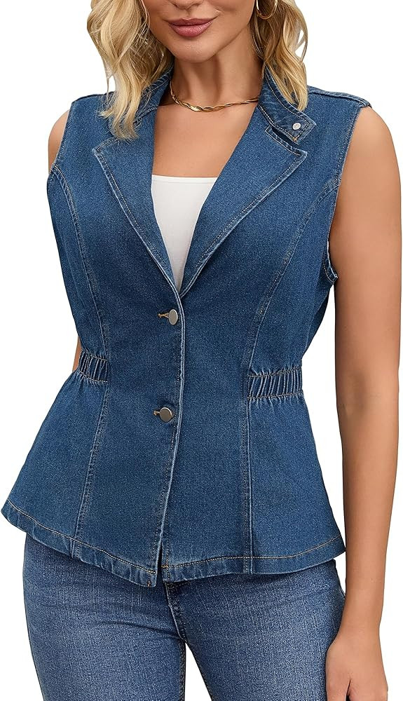 Women's Denim Vest Button Down V Neck Elastic Waist Waistcoat Sleeveless Jean Jacket | Amazon (US)