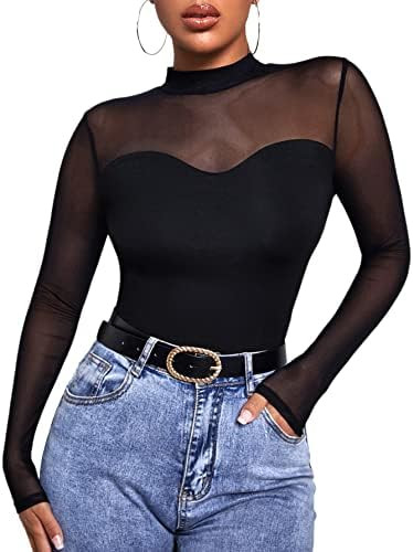 GORGLITTER Women's Turtleneck Long Sleeve Fall Tops Y2K Dressy Mock Neck Sexy Sheer Mesh Casual G... | Amazon (US)