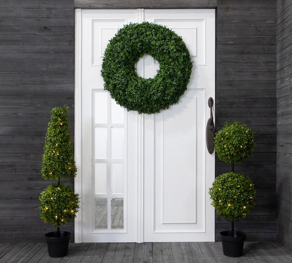 Faux Boxwood Double Ball Topiary Tree with LED Lights | Pottery Barn (US)