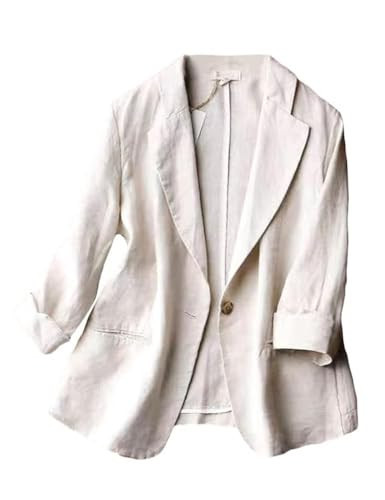 Linen Blazer Women Lightweight Casual Summer 3/4 Sleeve Lapel One Button Cotton Linen Blazers Suit Jackets (Off-White, XXL) | Amazon (US)