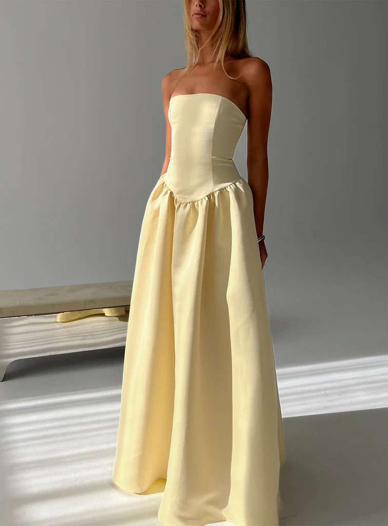 Soft Bloom Drop Waist Strapless Maxi Dress Yellow | Princess Polly US