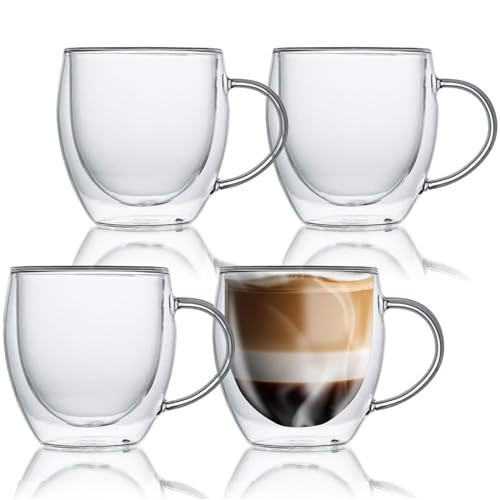 SUROQUE Double Wall Glass Coffee Mugs 8oz Insulated Glass Mugs with Handles Tea Cup Set of 4 Clear Coffee Mugs for Latte, Espresso, Cappuccino | Amazon (US)
