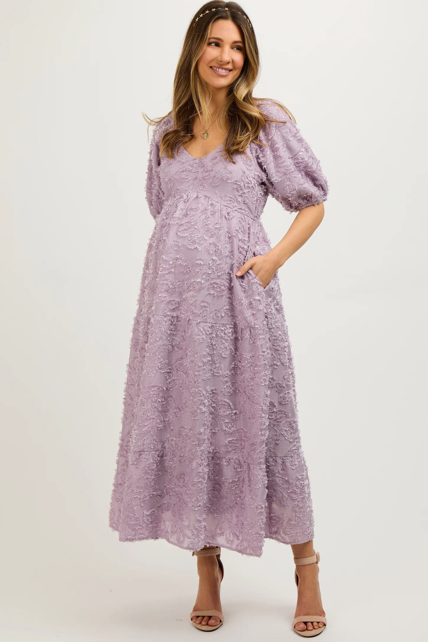 Lavender Fringe Textured Short Puff Sleeve Maternity Midi Dress | PinkBlush Maternity