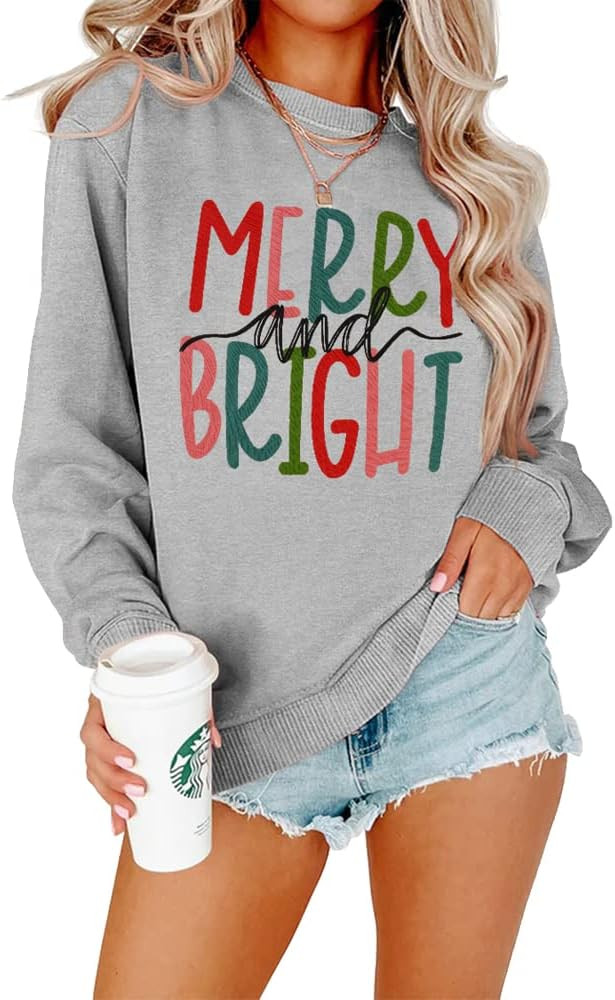 IZYJOY Christmas Sweatshirt for Women Merry and Bright Graphic Oversized Pullover Crewneck Long S... | Amazon (US)