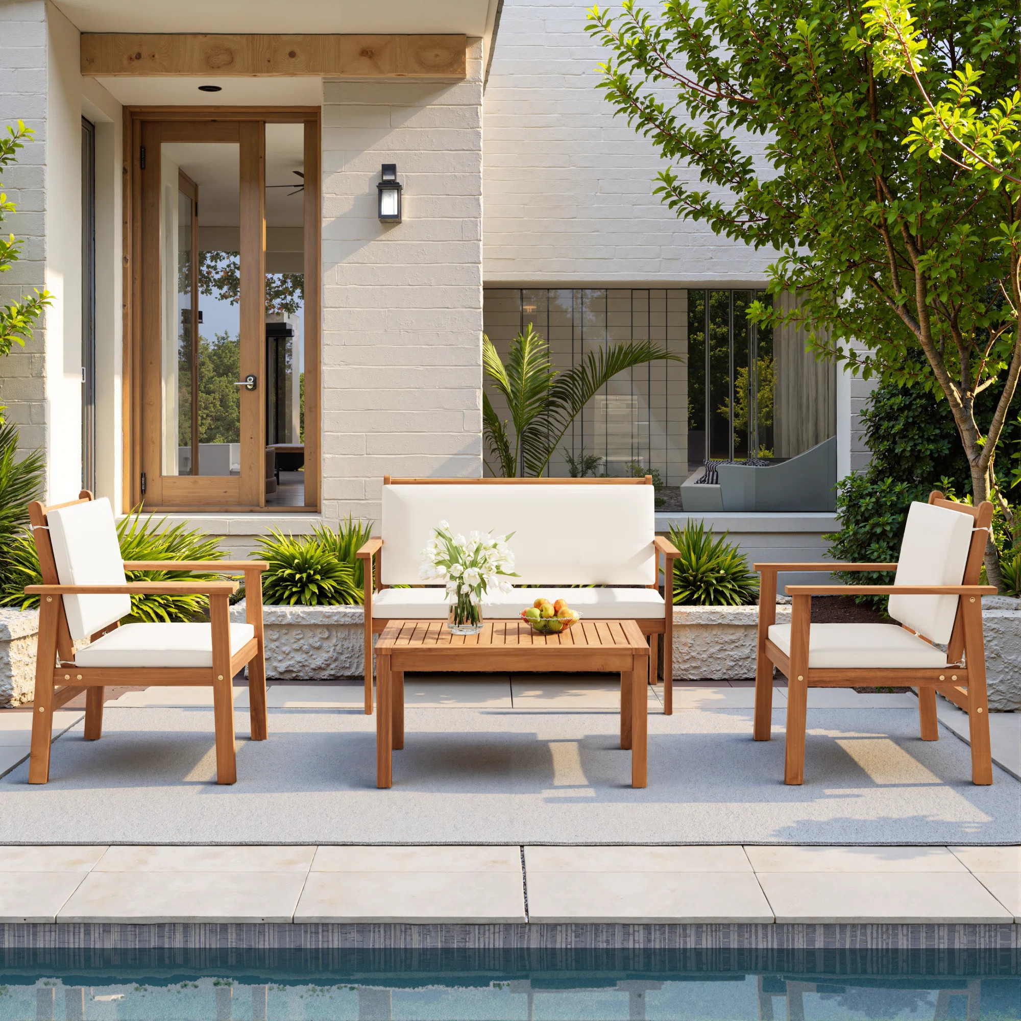 Kovach 4 Pieces Outdoor Acacia Wood Conversation Sets with Cushions,Patio Furniture Sets for Gard... | Wayfair North America