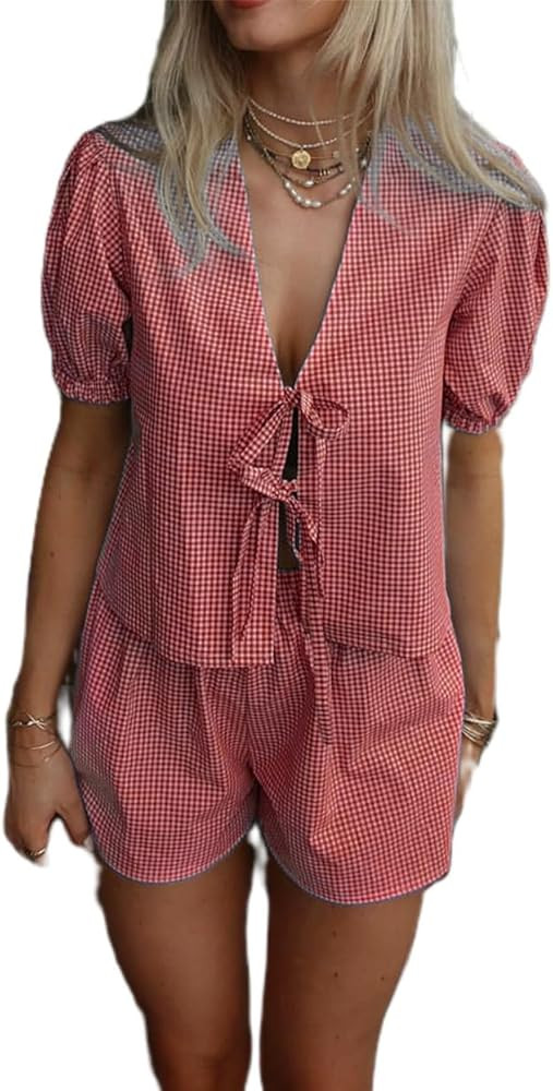 Thopavenoir Women 2 Piece Plaid Pajamas Sets Puff Short Sleeve Tie Front Babydoll Shirt +Wide Leg... | Amazon (US)