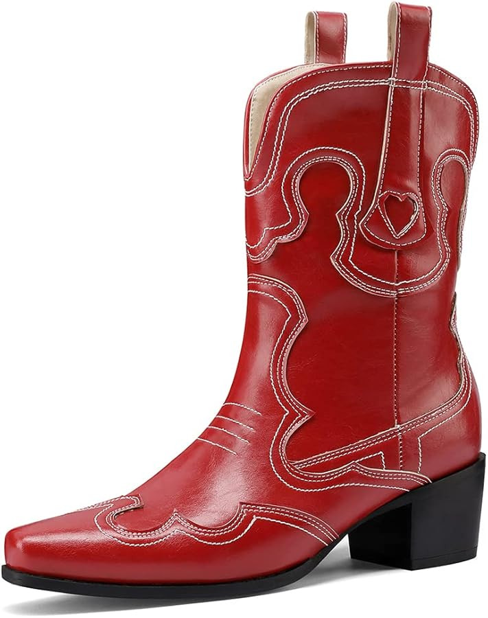 Womens Embroidered Cowgirl Boots Pull On Cowboy Boots for Women Floral Low Chunky Heel Western Bo... | Amazon (US)
