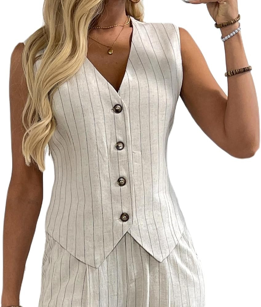 heipeiwa Women's Cotton Linen Vest Button Down Sleeveless V Neck Tank Tops Waistcoat Jacket | Amazon (US)
