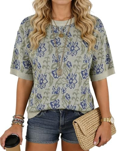 MINSURE Women's Short Sleeve Floral Sweater Loose Casual Boho Crewneck Knit Pullover Top 2026 Sum... | Amazon (US)