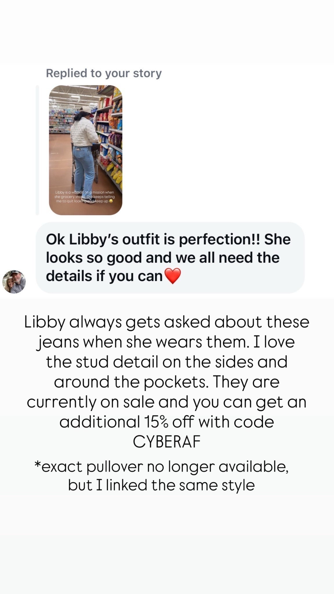 Jeans fit tts. Pullover is M/L. 




#LTKMidsize #LTKootd #LTKHome