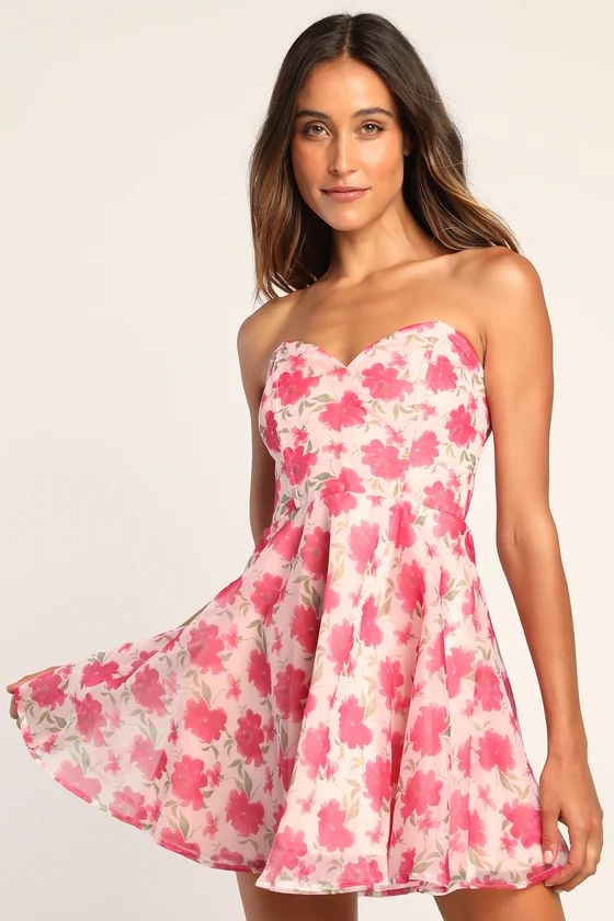 Attract Admiration Pink Floral Print Strapless A-Line Mini Dress | Lulus (US)