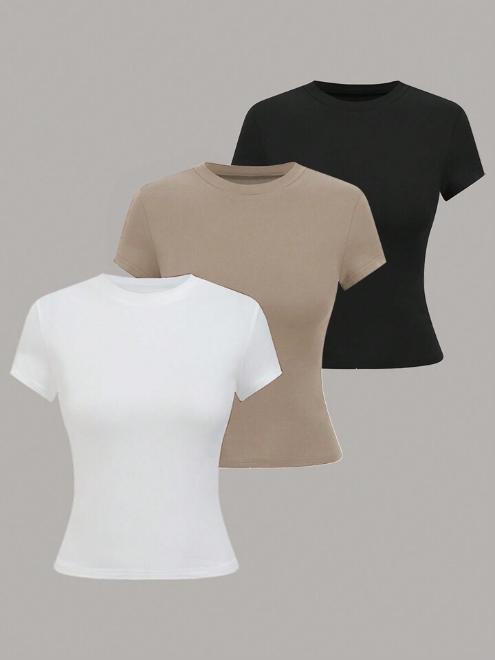 SHEIN LUNE Women's Summer Solid Color Crew Neck Short Sleeve Casual T-Shirt | SHEIN