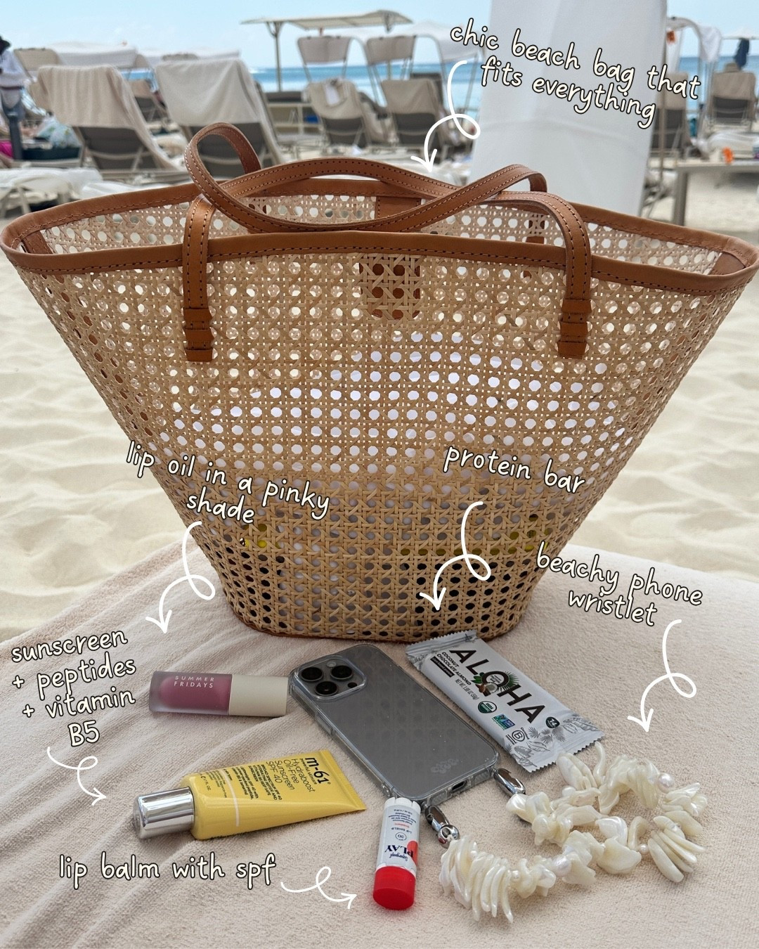 Beach bag essentials ☀️ vacation essentials, beach tote, sunscreen, lip care, iPhone wristlet, phone wristlet. Note: my exact wristlet is sold out currently. I’ve linked similar options by same brand and goes with the supporting case. 🤍

#LTKTravel #LTKSwim #LTKBeauty