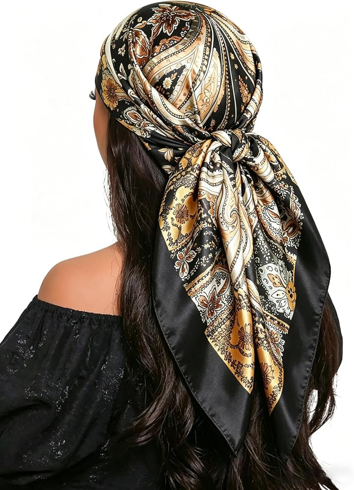35'' Floral Print Head Scarf for Women Satin Large Lightweight Bandana | Amazon (US)