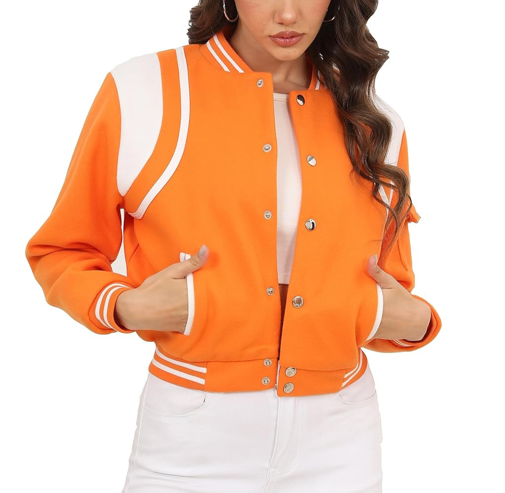Womens Cropped Bomber Jacket Long Sleeve Button Down Baseball Varsity Fall Outerwear | Amazon (US)