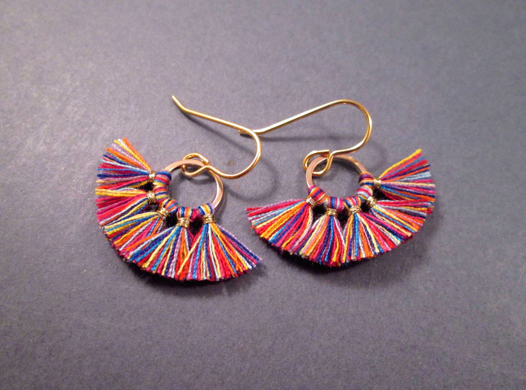 Smaller Size Cotton Tassel Earrings, Rainbow Color Mix, Fan Fringe Earrings, Gold Dangle Earrings... | Etsy (US)