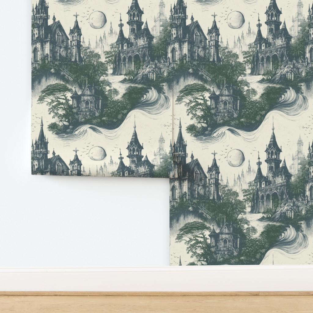 Wallpaper in GOTHIC CASTLE TOILE - VINTAGE BLUE AND GREEN ON CREAM - LARGE SCALE | Spoonflower
