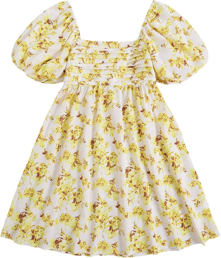 Floerns Women's Floral Dress Puff Sleeve Dress Square Neck Summer Vacation Picnic Mini Dresses | Amazon (US)