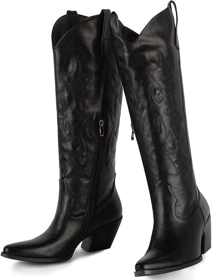 Women's Embroidered Wide Calf Western Cowgril High Knee Boots Pull On Pointed Toe Cowboy Tall Boo... | Amazon (US)