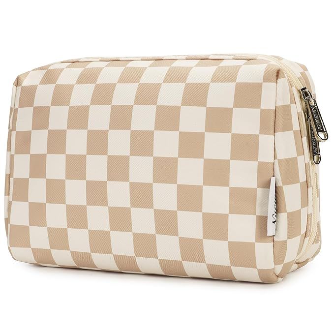 Large Makeup Bag Zipper Pouch Travel Cosmetic Organizer for Women (Large, Light Checkerboard) | Amazon (US)