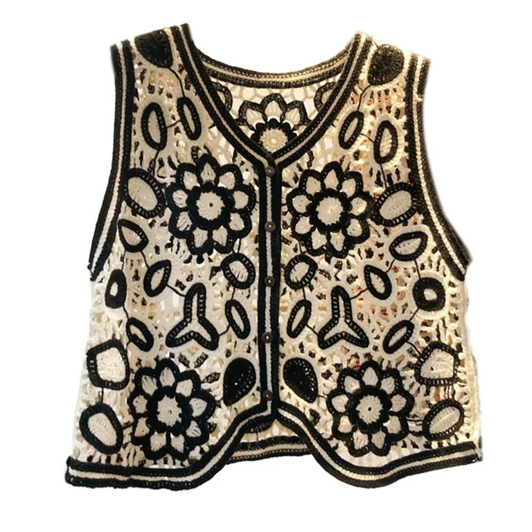 Korean Boho Women Crochet Knit Vest Waistcoat Vintage Colorful Floral Pattern Sleeveless Cardigan... | Walmart (US)