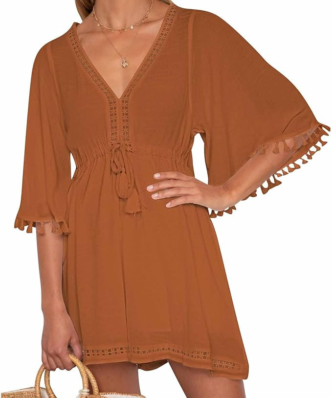 VamJump Women's Deep V Neck Tassel Flare Sleeve Romper High Waist Solid Short Jumpsuits with Draw... | Amazon (US)