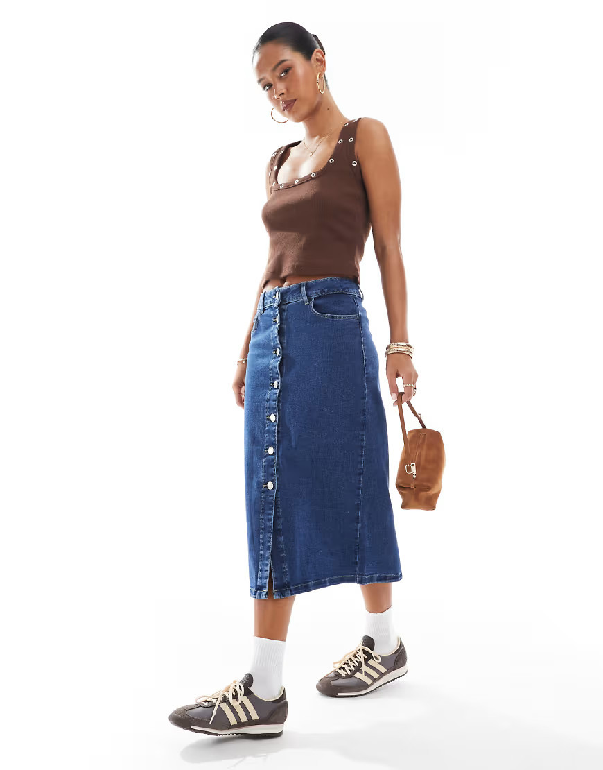 Vero Moda button front midi denim skirt in dark blue wash | ASOS (Global)