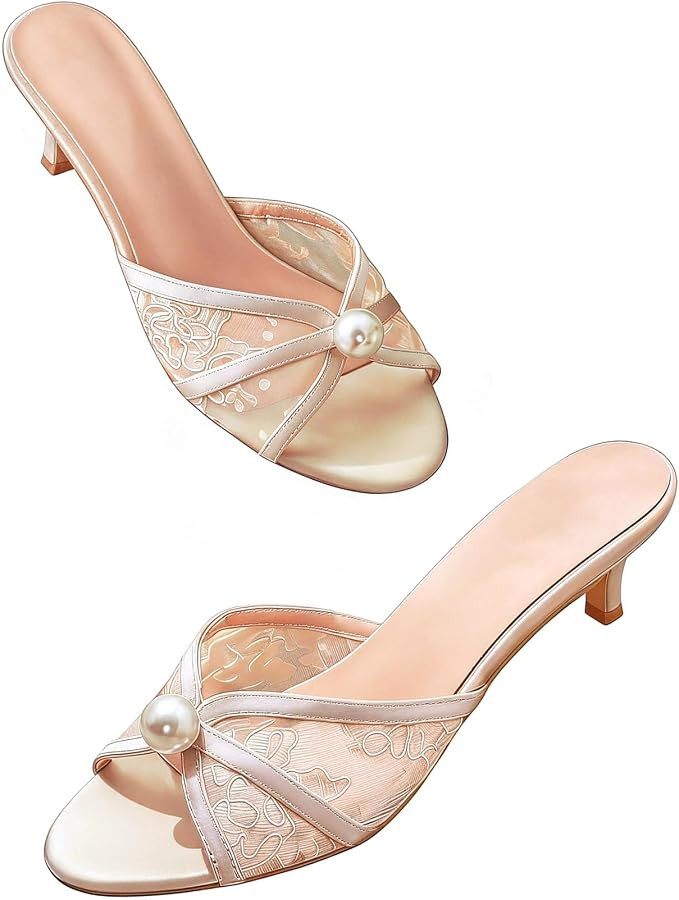 BEAUDRM Women's Lace Kitten Heels Elegant Pearl Mesh Open Toe Stiletto Heeled Sandals Dressy Wedd... | Amazon (US)